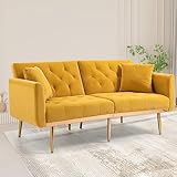 umwandelbares Futon-Sofa-Bett, Samt loveseat Bettsofa with Metal Feet, Schlafsofa mit Schlaffunktion, Verstellbarer Rückenlehne, 2 Kissen, Modern Sofas für Wohnzimmer (Gelb)