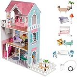 Mamabrum Großes 123 cm XXL HOLZPUPPENHAUS mit LED-Beleuchtung! Zusätzliches Zubehör enthalten + Garten Viele Möbelstücke, 3 Etagen, Geschenk für EIN Mädchen | Puppenhaus für kleine Mädchen ab 3 Jahre