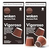 WOKEN COFFEE Kompostierbare Nespresso-Kapseln – Vigoroso dunkel geröstete italienische Espresso-Kaffeekapseln, kompatibel mit Nespresso-Kaffeemaschinen (20 Kapseln, 2 Boxen)