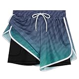 APTRO Damen Badeshorts Badehose Schwimmshorts Beach Strand Surf Shorts mit Innenhose Netz Blau W74 XL