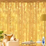 Ollny LED Lichtervorhang 2x2m, 200 LEDs Lichtervorhang innen USB warmweiß, Lichterkette innen fenster mit 10 Haken, für innen und außen Deko Hochzeit Party Wand Balkon(kein Stecker)