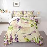 Erosebridal Frühlingsblumen-Daunendecke, Glyzinie, Libellen-Bettwäsche-Set, Queen-Size-Bett, rustikales Bauernhaus, violett, florale Libellen, Tröster-Set für Damen und Mädchen, grünes Aquarell,