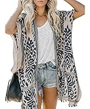 Damen Kimono Cardigan Strand Sommer, Loose Lange Boho Bikini Cover Up, Oversized Mode Leichte Frauen Beachwear Bedecken, Strandkleider, Weiß Blau Printed