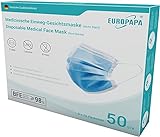 EUROPAPA® Blau Medizinisch Type IIR Norm EN14683 TÜV CE zertifizierte Mundschutzmasken OP Masken 3-lagig Mundschutz Gesichtsmaske Einwegmaske BFE ≥ 98%, 5 Boxen (250 Stück)