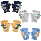 Firtink 4 Paare Kinder Fingerlose Handschuhe, Dinosaurier Flip Top Handschuhe mit Fäustling-Abdeckung, warme Cartoon-Winterhandschuhe, halbfinger Fäustlinge für Jungen Mädchen