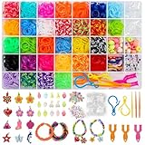2500+ Loom Bänder Set, 40 Rastern Bunte Gummibänder Kit für Armbänder, DIY Elastisches Loombänder Kinder Armband Basteln mit Perlen Haken Charms Aufbewahrungsbox für Anfänger Junge Mädchen Geschenk