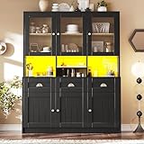 Joyviva Küchenschrank(140×40×175cm), Hochschrank Küchenbuffet, Vitrinenschrank, Buffetschrank mit Verstellbaren Ablagen, Sideboard mit LED-Beleuchtung,Variable Lichtfarben, Weiß/Schwarz
