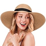 flintronic Moderner Sommerhut für Frauen, Breite Krempe Sonnenhut, Outdoor Sommer Wanderhut UV-Schutz, Faltbar Sonnenhut UPF50+, Strohhut, Strandkappe, Khaki