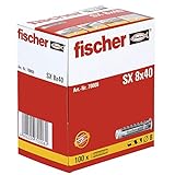 fischer Spreizdübel SX 8 x 40, Schachtel mit 100 Nylondübeln, Dübel für optimalen Halt bei Befestigungen in Beton, Hochlochziegel, Porenbeton, Vollziegel uvm.