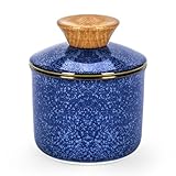 DOWAN Butterdose, Französische Butterdose mit Deckel, Keramik Butterglocke mit Wasserlinie, Butter Dish für Frische, Weiche und Streichfähige Butter - Reaktivglasur Blau - 9,7 x 9,7 x 10,9 cm