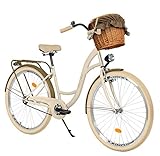 MILORD. 28 Zoll 1-Gang Creme-braun Komfort Fahrrad mit Korb und Rückenträger, Hollandrad, Damenfahrrad, Citybike, Cityrad, Retro, Vintage