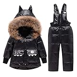 amropi Skianzug Mädchen Kinder Schneeanzug Daunenjacke mit Kaputze + Skihose 2tlg Bekleidungsset Winteranzug Schwarz,3-4 Jahre