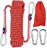 10mm Kletterseil, Outdoor-Sicherheitsseil, Nylon Seil Statisches Kletterseil Rettungsseil Feuerrettungs-Fallschirm-Seil mit 2 Karabinern für Arbeiten in der Höhe/Feuerleiter/Abseilen/Sport, Rot