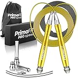 PrimaFIT Springseil Erwachsene Fitness Pro Speed Jump Rope 3m Seilspringen Verstellbar Mit Gewichten, 2 Kugellager & Anti-Rutsch Griffe, Profi Skipping Für Boxen, MMA, Crossfit, Extra Stahlseil,Tasche