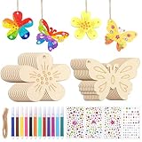 40 Stück Bastelsets für Kinder, 24 Basteln Kinder Schmetterling Blume Holzanhänger zum Bemalen, Holz Deko Hänger mit Aquarellstift und Edelsteinaufkleber, Bastelset für Kinder Party, Geburtstagsdeko