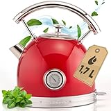 ProfiCook® Wasserkocher 1,7L im stilvollen Vintage-Design - Retro Wasserkocher mit massivem Metallgehäuse und Chrom-Applikationen - Wasserkocher mit Temperaturanzeige, 2200W - PC WKS 1192 rot