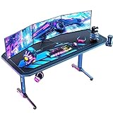 Himimi 160x75 cm Gaming Schreibtisch, Ergonomischer Großer Gaming Tisch, T-Form PC Gamer Computertisch mit Großer Pad, Becherhalter, Kopfhörerhaken, Kabelmanagement & Gaming Griffgestell, 160x75x75cm