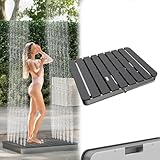Froadp Gartendusche Campingdusche Aluminium & WPC Bodendusche Holzfarbe Saunadusche mit rutschfeste Standfläche 55x70cm Wetterfest Holzoptik Außendusche für Standard-Gartenschläuche (Rechteckig)