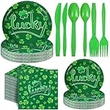 Layhit Einweggeschirr-Set, St. Patrick's Day, 100 Kleeblatt-Teller, Dessertteller, 50 Gabeln, 50 Messer, 50 Löffel, 50 Servietten für Partyzubehör, irische Feiertags-Abendessen, Dekorationen, 300