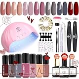 Modelones Gelnägel Starterset, Shellac Set Starterset mit Lampe 48W 7 Farben Nude Rot Rosa Grau Gel Nagellack UV Set UV Nagellack Set mit Base Top Coat und Bonding Primer Gelnägel Set Starterset