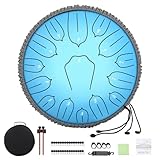 Musfunny Stahlzungentrommel, 30,5 cm, 15 Noten, Handpan-Trommel, D-Key Percussion-Instrument mit Musikbuchtasche, Schlägel, Wischtuch für musikalische Bildung, Konzert, Yoga (30,5 cm, Himmelblau)