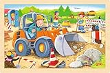 goki 57411 Einlegepuzzle Baustelle aus Holz, Holzpuzzle mit Bagger und Bauarbeitern, Lernspielzeug und Kinderpuzzle, fördert Fantasie und Motorik, 30cm x 20cm, 24er Set, ab 3 Jahre