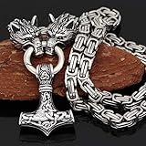 Serired Viking Thors Hammer Halskette, Herren Edelstahl Nordische Mythologie Mjolnir Anhänger Amulett Mit Heidnischen Vintage Handgefertigten Wolfskopf Byzantinischen Kette,Silber,70CM