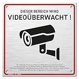 HAGEFOL® Schild Videoüberwachung (15x15 cm - klein) mit DSGVO Hinweis, inkl. 4 Bohrlöcher, Kamera Warnhinweis für Überwachungskamera oder Kamera Attrappe (Aluminium gebürstet)