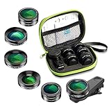 APEXEL 6 in 1 Handy-Objektiv-Kit, Super 205 ° Fischaugenobjektiv + 140 ° Weitwinkelobjektiv und 25x Makroobjektiv + Sternfilter + CPL/ND für iPhone Samsung und die meisten Smartphones Black