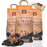 Premium Grill Holzkohle - inkl. biobasierter Anzündbeschichtung - aus Eiche & Buche - Grillkohle Holzkohle für Kohle Grills Glühgut Holzkohle | 9kg - 3x3kg