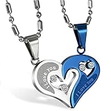 JewelryWe Valentinstag Schmuck 2PCS Paare Halskette Partnerketten Freundschaftsketten Partneranhänger Edelstahl I Love You Gravur Herz Puzzle Anhänger Kette Blau Silber