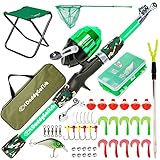 DaddyGoFish Kinder Angelset - Teleskoprute & Rolle Combo mit Klappstuhl, Rutenhalter, Tackle Box, Ködernetz und Tragetasche für Jungen und Mädchen - Grün, 4ft