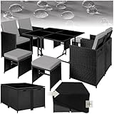 tectake Lounge Möbel Set aus 4x Stühle, 1x Tisch, 4x Hocker, wetterfest und platzsparende Cube Aufbewahrung inkl. Schutzhülle, outdoor Rattan Gartenmöbel für Balkon, Garten und Terrasse - schwarz/grau
