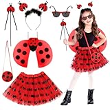 Capaneus Marienkäfer Kostüm Kinder Mädchen, Ladybug Kostüm mit Tullrock, Haarreif, Marienkäfer Flügel, Zauberstab, Brille, Tasche für Kinder Mädchen Fasching, Karneval, Halloween Cosplay