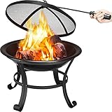 Yaheetech φ54 cm Feuerschale Garten Feuerstelle mit Schürhaken und Kohlerost Feuerkorb mit Funkenschutz Outdoor Fire Pit für Camping und Aktivitäten im Sommer Lagerfeuer