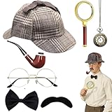 Gobesty 7 Stück Detektiv Kostüm Zubehör Set, Detektiv Cosplay Requisiten für Kinder Erwachsenen, herlock Holmes Kostüm Accessoires mit Detektivhut Metallbrille Lupe Herrenfliege Bart