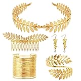 Nswayy 5 Stück Griechische Göttin Kostüm Schmuck Set Hochzeit Brautschmuck Oberarmreif Ohrringe Lorbeerkranz Haarspange Armband Goldene Hochzeit Boho Blatt Haar Krone Accessories Mädchen Damen