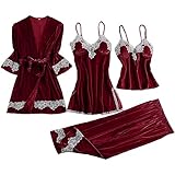 Pyjama Damen 4-Teiliges Stickerei Schlafanzüge Hausanzug Bademäntel Hausmantel Schlafanzugset Sleepwear Loungewear Nachthemd Set Morgenmantel Hose Kleid Elegant Spitze Nachtwäsche