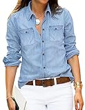 Roskiky Bluse Damen Jeanshemd Damen Damen Oberteile Bluse Stehkragen Damen Lange Oberteile Damen Shirt Damen Langarm Damenblusen Sommer Helium Blau M