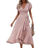 Kleid Damen Sommer Elegant Wickelkleid Damen Lang Sommerkleid V-Ausschnitt Boho Kleid A Linie Blumenkleid mit Gürtel Rüschen Strandkleid Frauen Sommer Kurzarm Hohe Taille Maxikleid