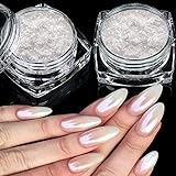 2 Schachteln Weiße Perle Chrom Nagelpuder - Transparent Aurora Ice Shimmer Chrome Pigment Pulver für Nägel, Glazed Donut Glitzerpuder Nails Spiegeleffekt-Glitter Nagelkunst-Pulver für DIY-Salon