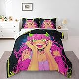 Erosebridal Anime-Mädchen-Bettwäsche-Set, Doppelbettgröße, japanisches Anime-Bettwäsche-Set für Kinder, Jungen, Teenager, Schlafzimmer-Dekor, Cartoon-Manga-Mädchen, Steppdecke, Kawaii, japanische