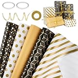 Geschenkpapier Schwarz Gold, 5 Blätter Geschenkpapier Geburtstag, Geschenkpapier Set mit Schleifenband Gold, Wrapping Paper für Geburtstag Hochzeit Weihnachten Party - 70X50CM