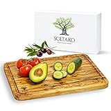 SOLTAKO Schneidebrett aus Olivenholz mit Saftrille 33 x 22 cm 'The Wood Master M' - massives Servierbrett, Tranchierbrett aus exklusivem Olivenholz, 100% handgemacht