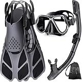 Zenoplige Schnorchelset Erwachsene mit Flossen, Anti-Fog Panorama Taucherbrille, Dry Top Schnorchel und Schwimmflossen, 3 in 1 Schnorchel Set für Schwimmen, Tauchen
