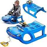 KADAX Lenkschlitten für Kinder, Bob Schlitten mit dekorativem Lenkrad, Hupe & Zugseil, Lenkbob aus Kunststoff, Kunststoffschlitten, Kinderschlitten aus Plastik (Blau)