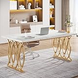 Tribesigns Schreibtisch Computertisch, 160 x 80 x 75 cm Modern PC Tisch Bürotisch Arbeitstisch Esstisch mit goldenem Beine für Home Office zu Hause Schreibtische, Konferenztisch, Weiß & Gold