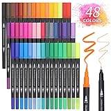 Owelth Brush Pen Set, 48 Farben Dual Tip Pinselstifte Aquarell Marker, Filzstifte Dicke und Dünne Doppelfasermaler, für Kinder und Erwachsene Mandala Fasermaler 1-2 mm/Fineliner 0,4 mm