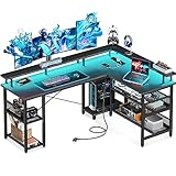 ODK Reversibel Gaming Tisch 168×120cm, Gaming Schreibtisch mit LED, Ecktisch mit 2 Steckdosen und 2 USB Ladeanschluss, Computertisch mit großzügiger Monitorablage, Kohlefaser Schwarz