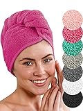 LAYNENBURG Premium Haarturban mit Knopf aus 100% Baumwolle - Haar-Handtuch inkl. 4 Haargummis - für Kurze und Lange Haare – Turban Handtuch ist schnelltrocknend und saugstark (Fuchsia)